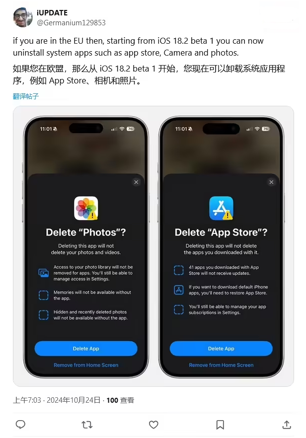 皂市镇苹果手机维修分享iOS 18.2 支持删除 App Store 应用商店 